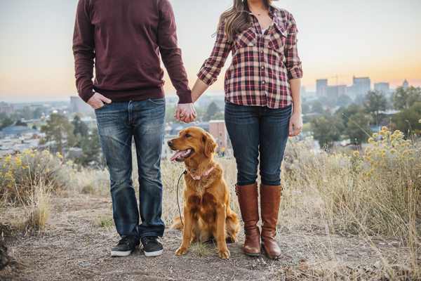 Golden Retriever, man, woman in plaid shirt, outdoors engagement session © E And E Photography