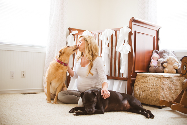 pregnant woman, dogs in nursery