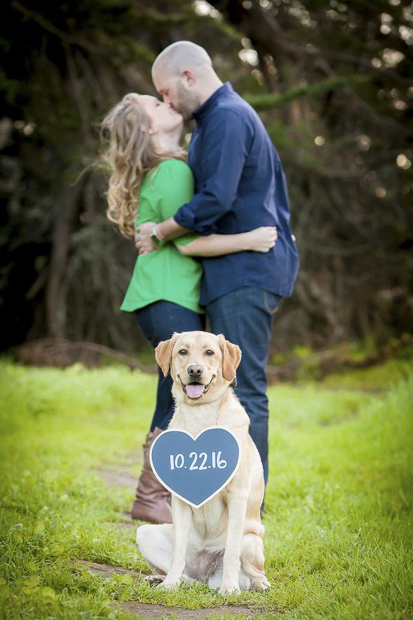 Yellow Labrador Save-the-Date sign, engagement photos