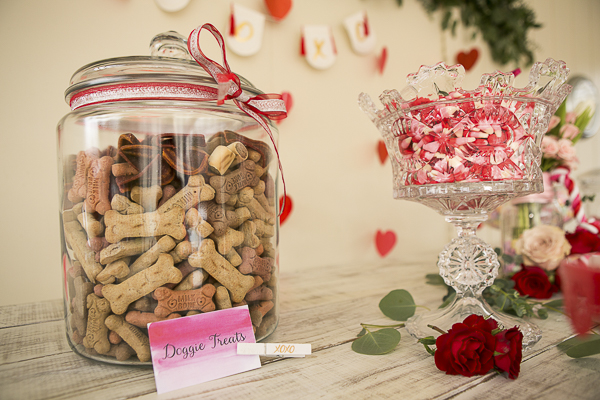 doggie treats in glass jar, dog party tablescape