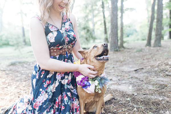 dog wearing flowers, lifestyle dog photography outside in wooded area