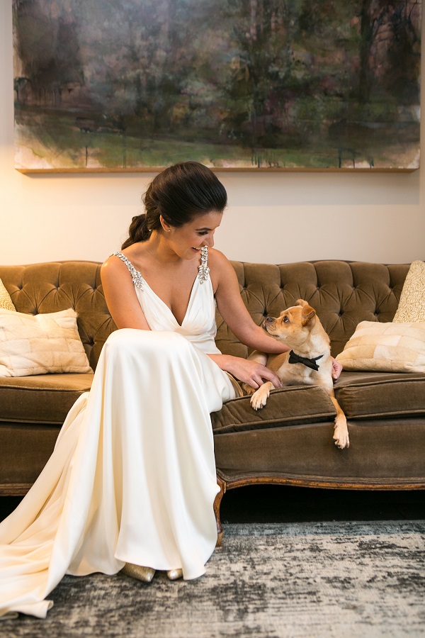 bride looking at brown dog lying on couch, wedding dog