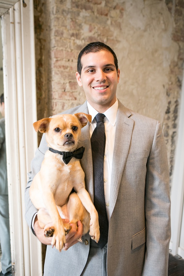 groom holding small dog wearing bow tie, including dogs in your wedding