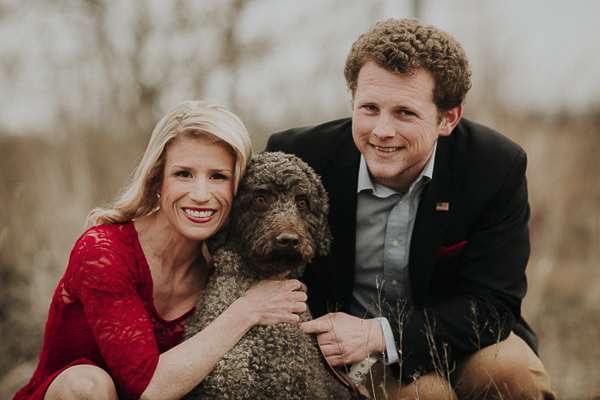 engagement portraits with dog, Labradoodle and couple