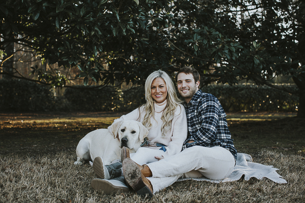 couple and Lab sitting on blanket, ideas for including dog in engagement pictures