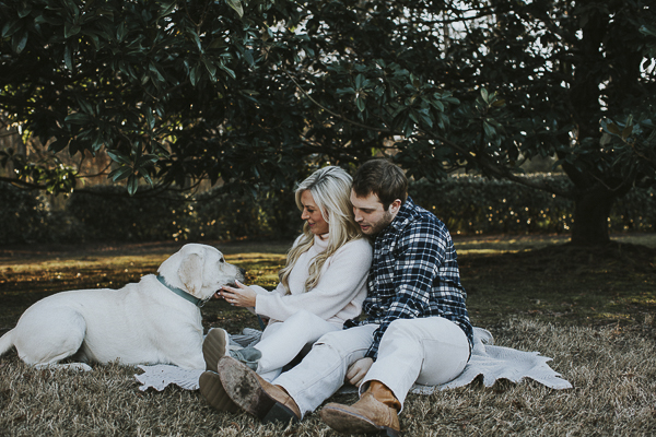 English Lab looking at couple, engagement portraits with Lab