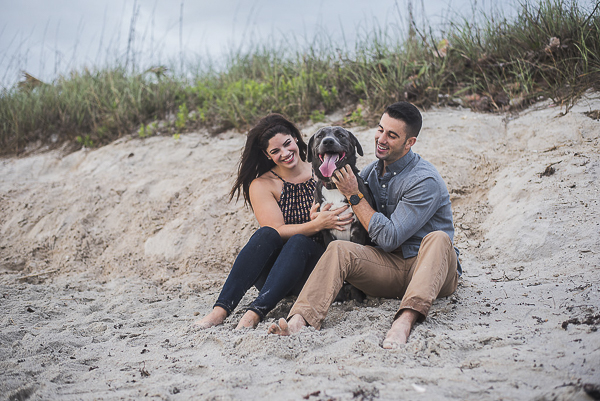 Husky-Shepherd mix on beach, engagement photos with dogs