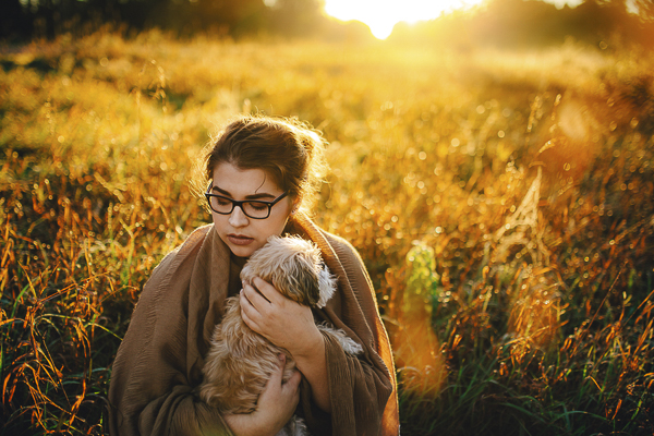 sunrise session, girl and her dog in meadow