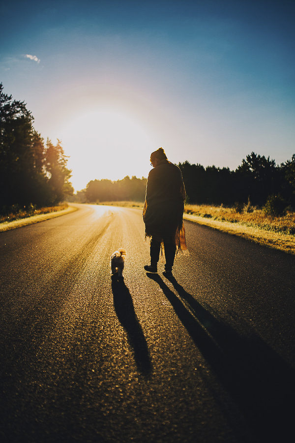 woman and small dog walking away, creative dog photography
