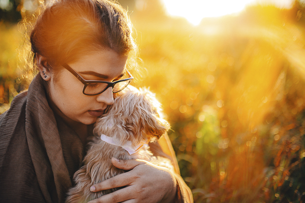 woman holding small dog, sunrise dog photography, in loving memory session