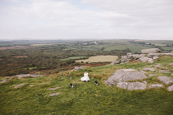 Bride and dogs Hellman Tor, Cornwall, UK