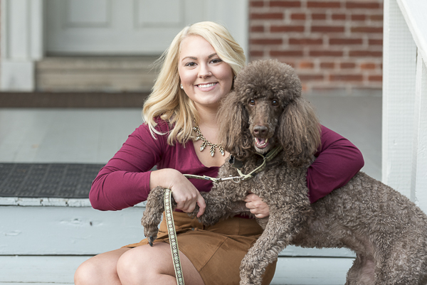 young woman and Brown Poodle, lifestyle family portraits