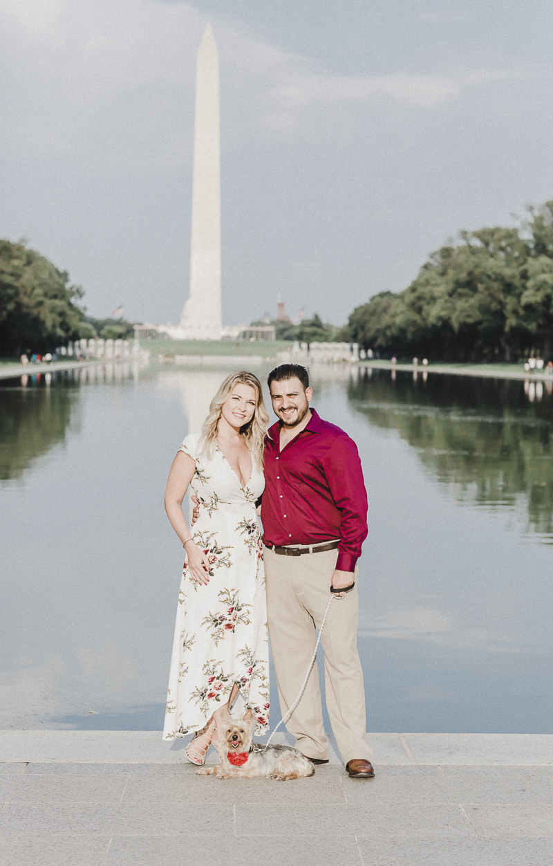 Dog Friendly Engagement pictures at Washington Monument | ©M Harris Studios | DC Engagement photos with Yorkie