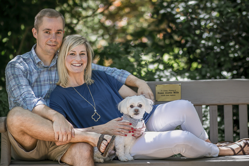 couple on park bench with dog, dog friendly anniversary photos, ©Images by Amber Robinson- Raleigh, NC