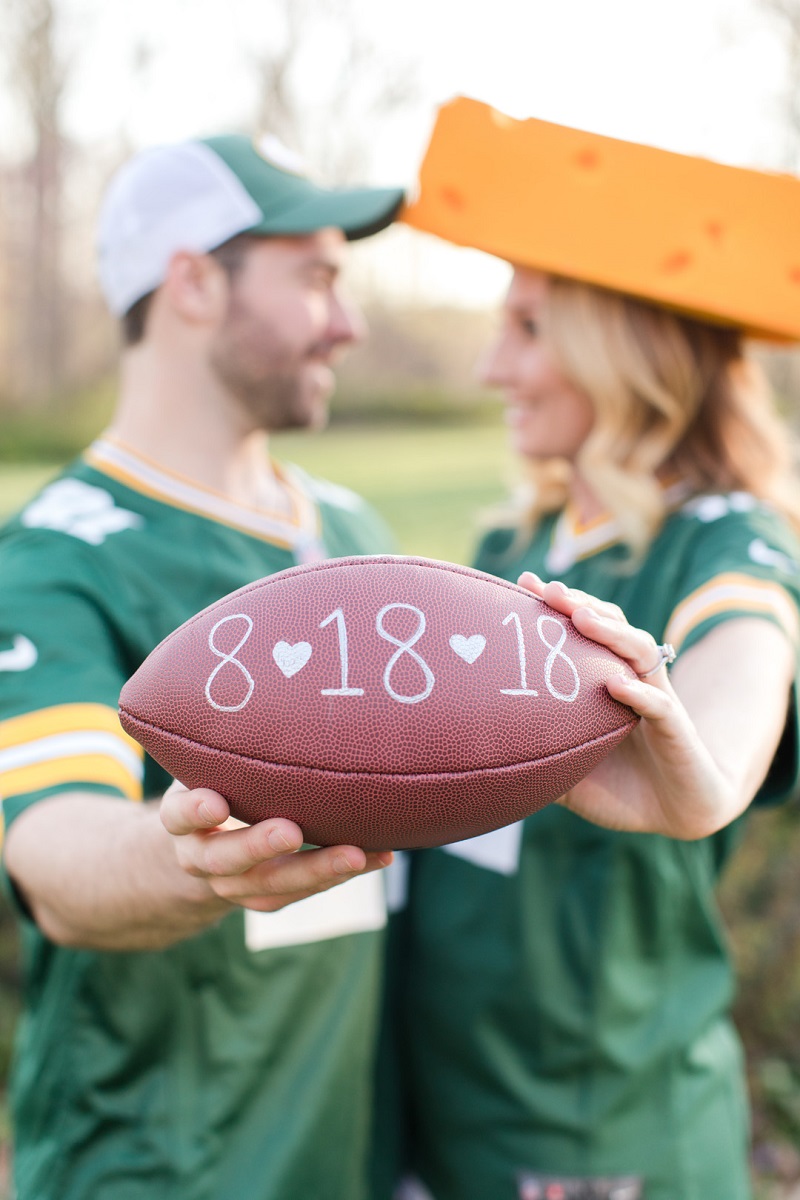 ©Jaye Kogut Photography Packers Fans engagement session, Save the Date football