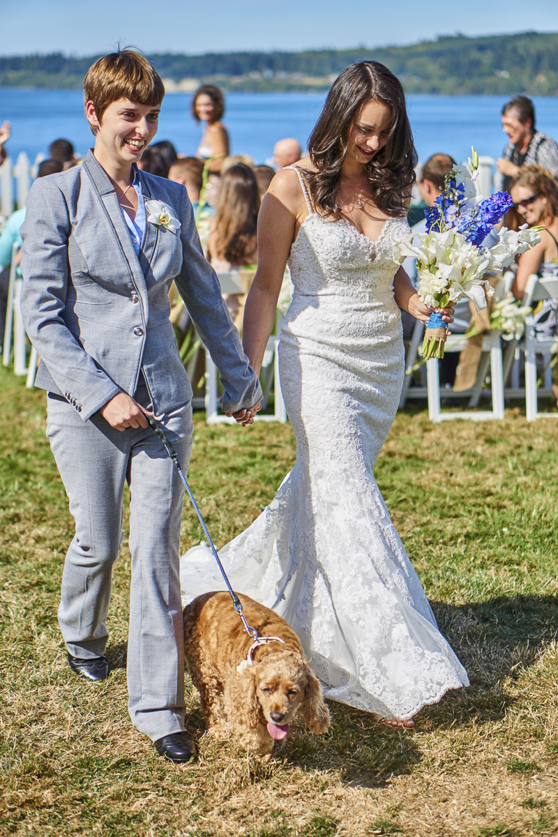 dog friendly wedding, same sex couple walking their dog down the aisle, ©Lavender Bouquet Photography