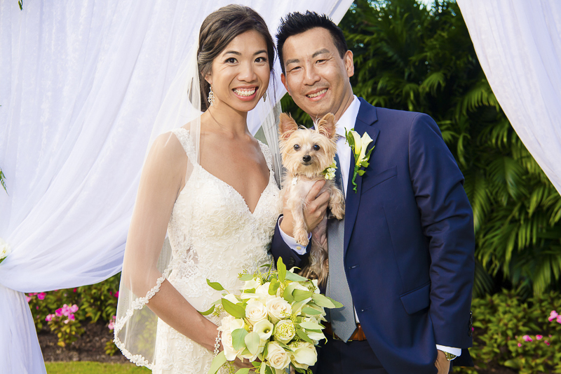 bride, groom, holding their Shih Tzu-Yorkie mix | ©Toni Jade Photography