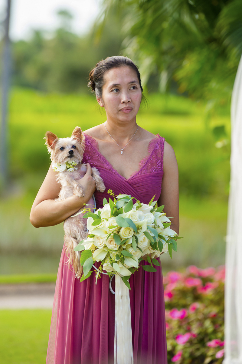 maid of honor holding Shih Tzu-Yorkie mix, wedding dog | ©Toni Jade Photography 