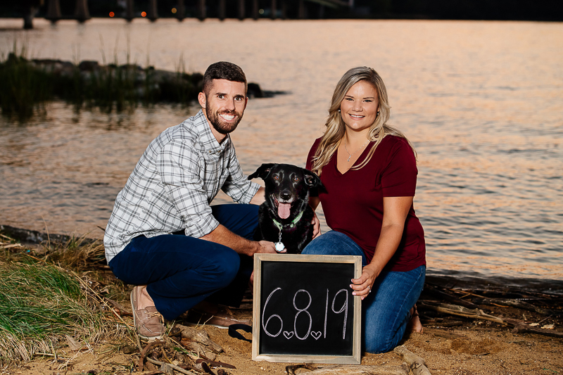 Save the date sign with a dog, dog-friendly engagement photos, Annapolis ©Rachel Smith Photography