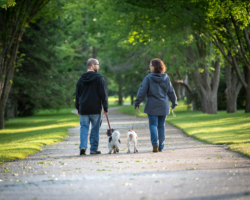 couple walking their small dogs, ©Chase Magic Photography | Calgary lifestyle dog photographer