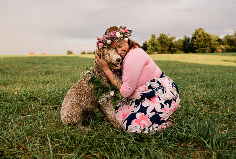 woman hugging her Goldendoodle | dog-friendly portraits © Jasmine White Photography | Princeton, WV