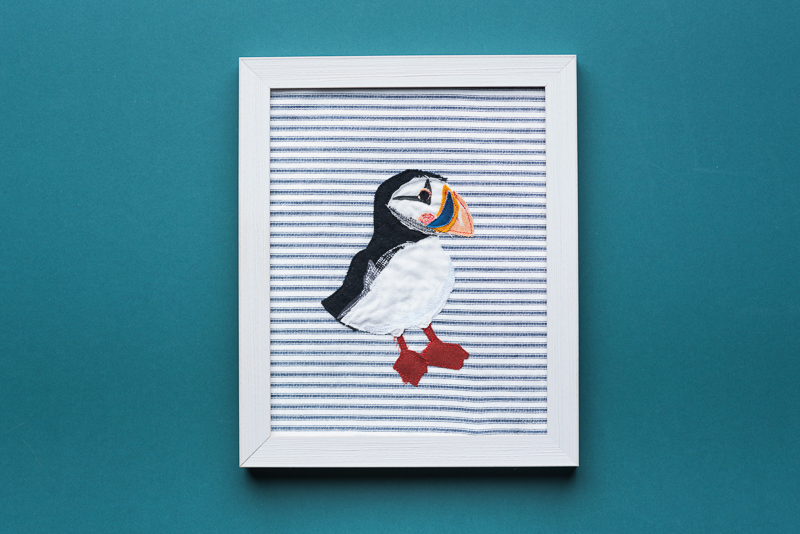 NakedNeedleNYC, puffin fabric artwork, 