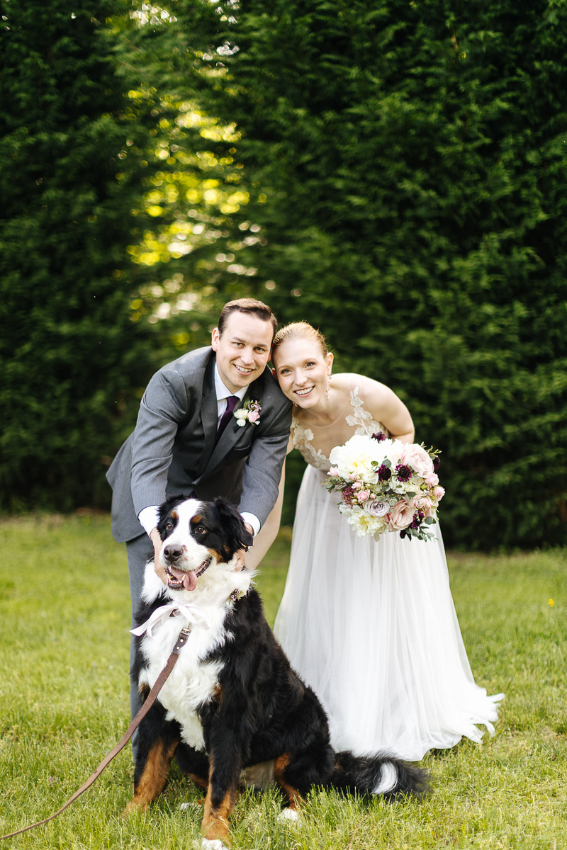 bride, groom, and dog wedding portraits | ©J Tobiason Photography summery sunny PNW wedding