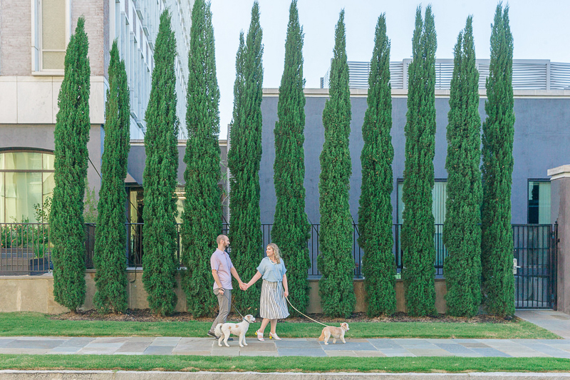 couple walking their dogs in front of tall evergreens, ©Charleston Photo Art, dog-friendly family portraits 